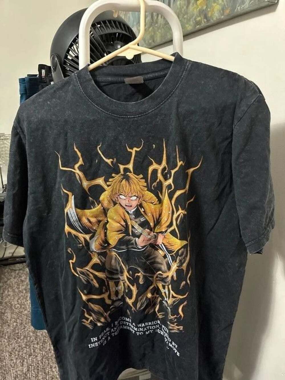 New men’s women’s vintage wash Demon slayer black Zenitsu Agatsuma tshirt small